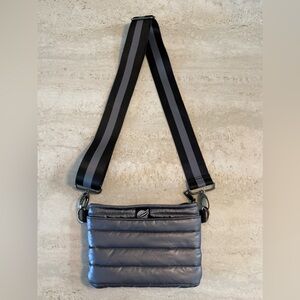 Think Royln Quilted Crossbody Bag – Gray Metallic Puffer with Wide Strap